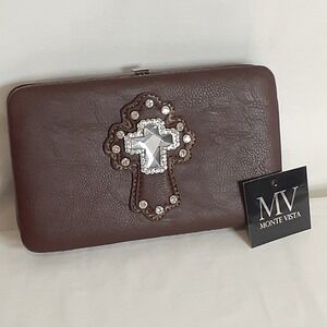 MV Monte Vista Brown Wallet With Rhinestones & Cross Design Embossed Synthetic